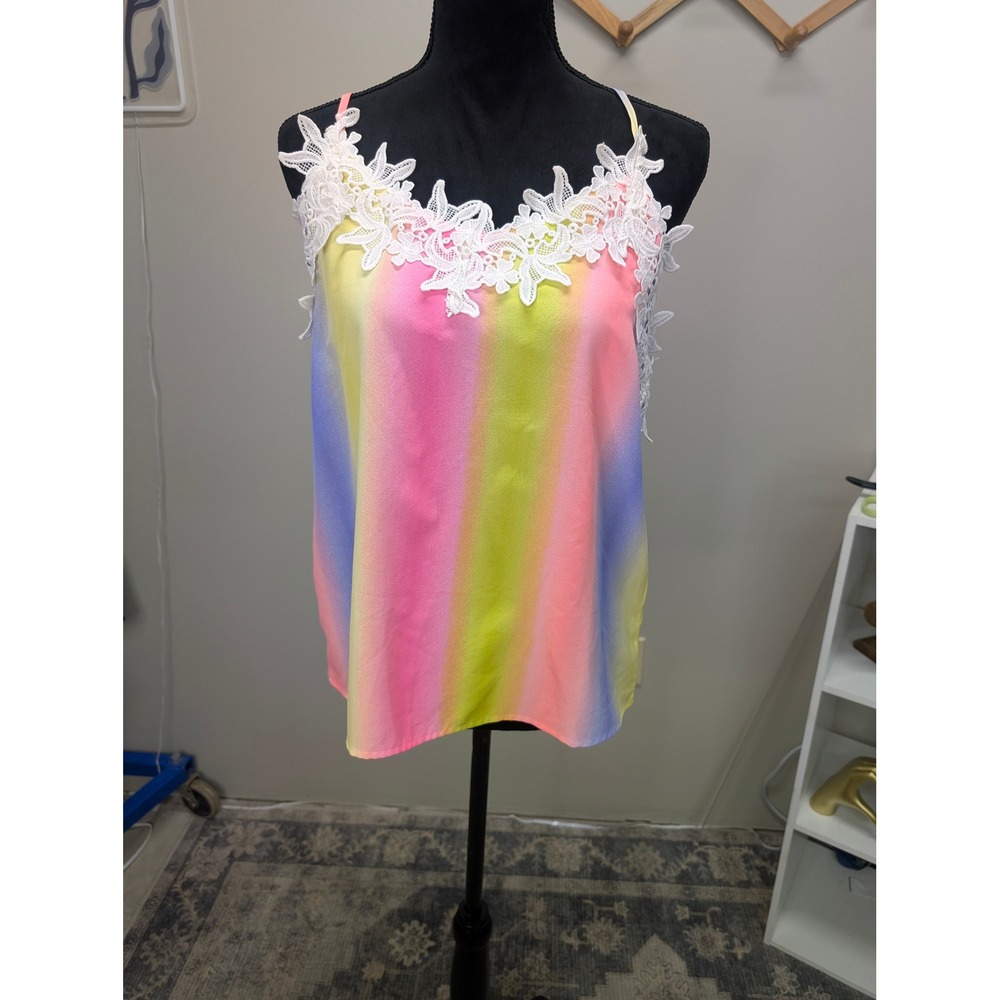 BIBI Rainbow Stripe Lace Trim Cami Blouse NWT Large Pink Yellow Blue Sleeveless